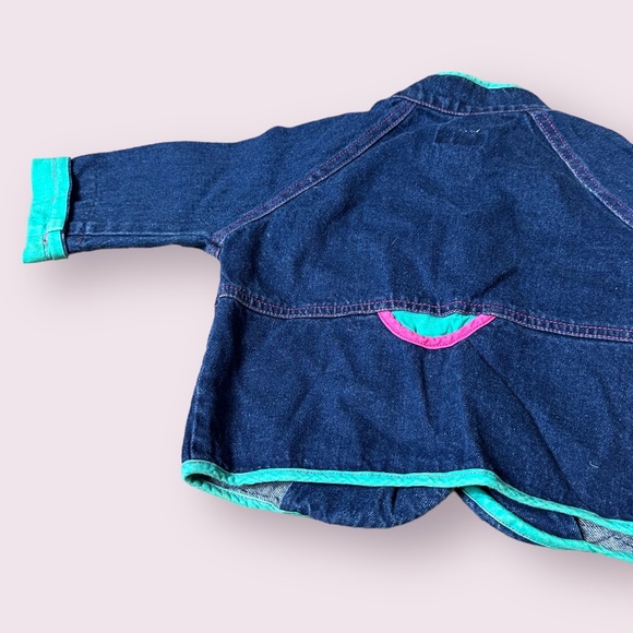 Vintage Baby All Mine Denim Blazer Overall Set Flower Fruit Pink Teal Sz 12 M - Picture 14 of 16